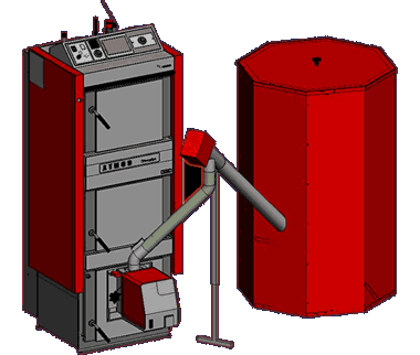 Kotel s hořákem, šnekovým dopravníkem a zásobníkem na pelety